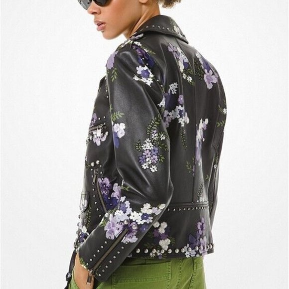 NEW!! $645 MICHAEL KORS Floral Embroidered Leather Moto Jacket; Size Small - Picture 3 of 8